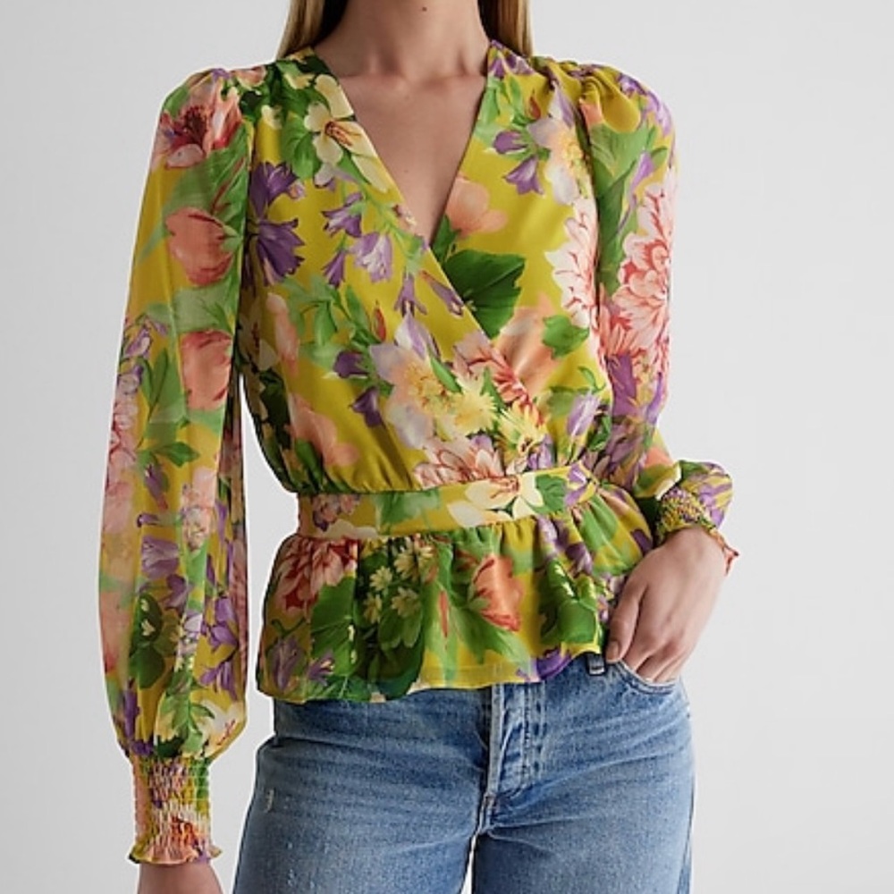 Express Floral Wrap Blouse - Yellow, Pink, Green, Purple